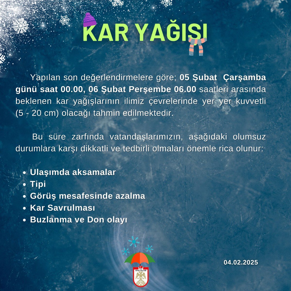 sivasvaliligi's tweet photo. Meteorolojik Uyarı ❄️🌨️ https://t.co/dLBh26KDUy