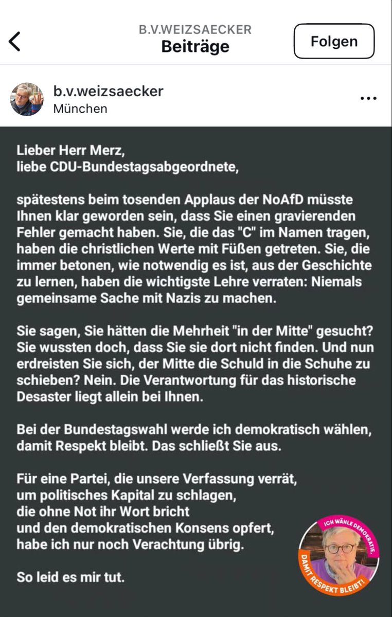 Offener Brief von Beatrice von Weizsäcker, Juristin, Autorin, freie Journalistin sowie Tochter des Alt-Bundespräsidenten an die <a href="/CDU/">CDU Deutschlands</a> und <a href="/_FriedrichMerz/">Friedrich Merz</a>.
Gefunden auf ihren Instagramaccount.