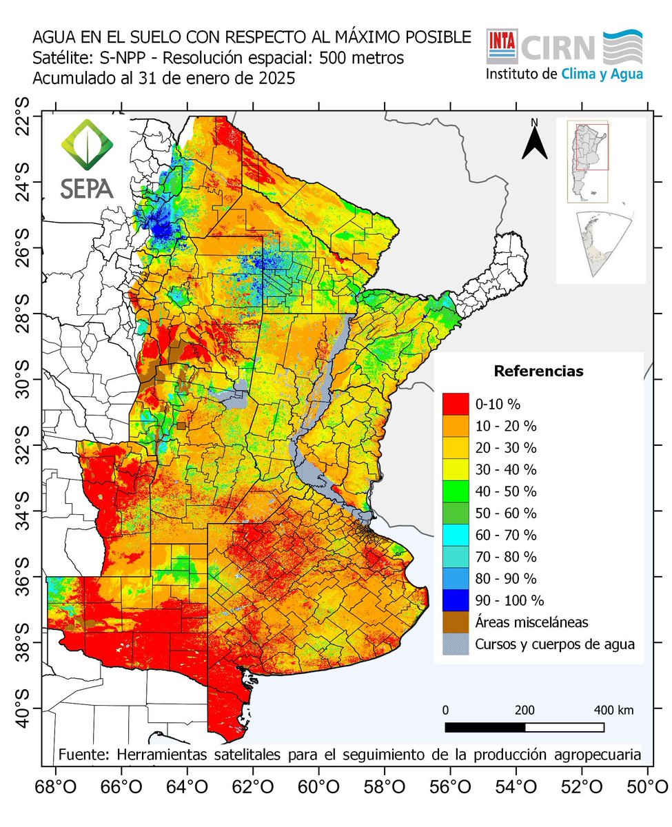 Final d un enero duro.

Recarga en Chaco semiárido y N d La Pampa💪🏽
Nueva descarga a través del Mediterráneo🤦🏽‍♂️

Confort Hídrico con mejoras (cicatrices en tempranos) y zonas mal🤦🏽‍♂️
Almacenes, #Agua2m, al rojo, para iniciarfebrero (cultivos tardíos y 2das en etapas críticas)...🤞🏽🌧