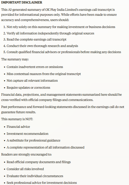 CaGRQuestCap's tweet image. n/n  

OK PLAY INDIA LTD. - Comprehensive summary of Q3 &amp;amp; 9M FY25 earnings call:   

NOTE: PLEASE READ THE DISCLAIMER PROVIDED AS WELL MESSAGE n/n. 

#OKPLAYINDIA #OKPLAY