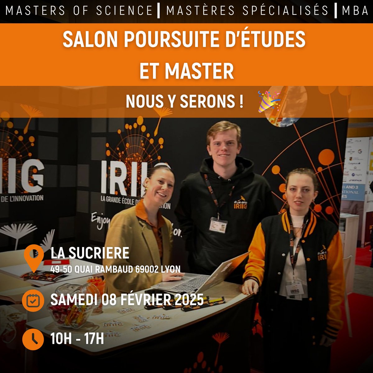 📣 Nous y serons : Salon de la Poursuite d’Etudes et Masters de Studyrama 2025 ! 
🗓️8 février 2025
⏰ 10h - 17h
📍 La Sucrière - 49-50 Quai Rambaud 69002  lyon
Inscriptions gratuites ➡️  hubs.li/Q0342fm00
#EnjoyImpactInnovation #WeAreIRIIG #SalonEtudiant #Orientation #Lyon