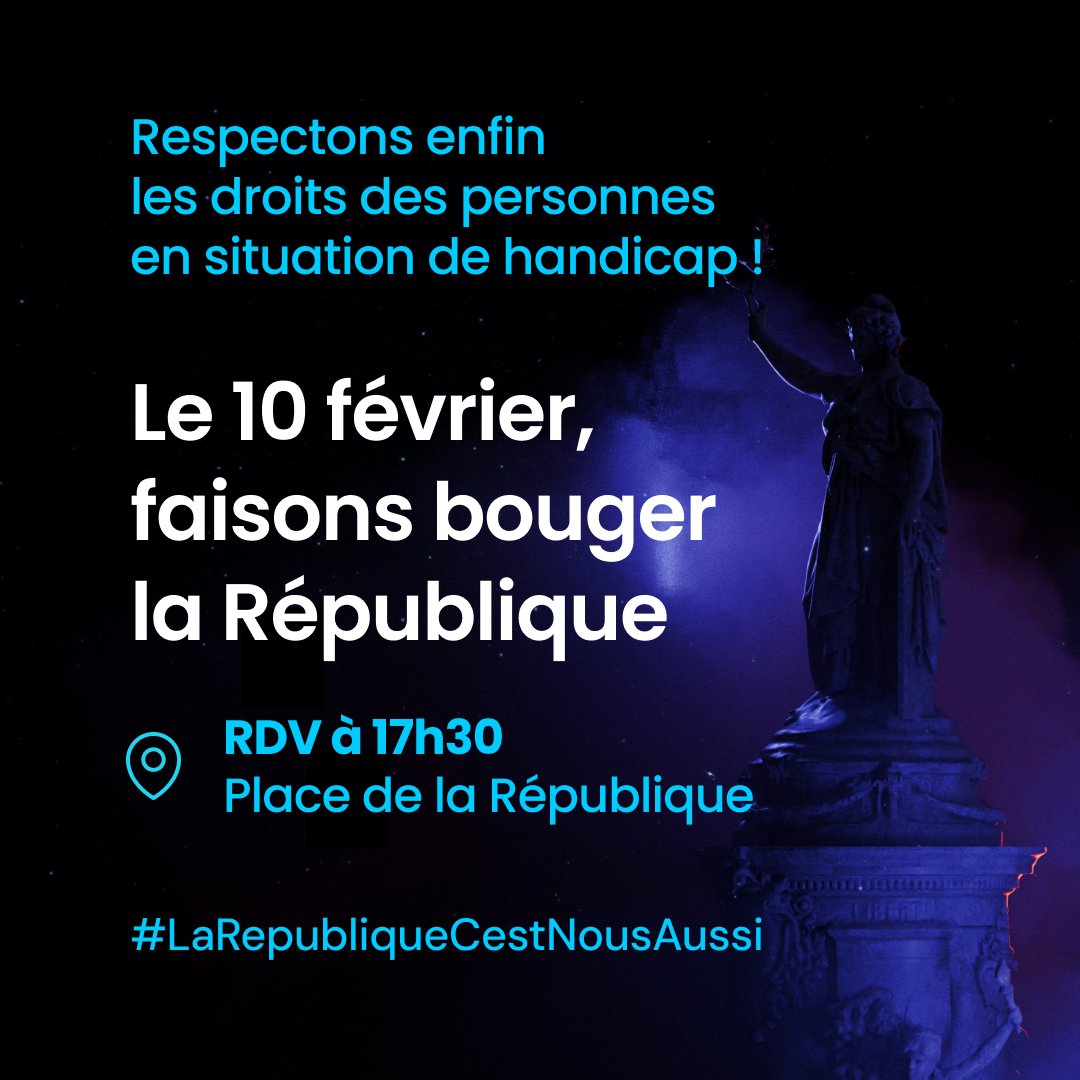 🟢Mobilisons nous pour les droits des personnes en situation de handicap !

En 2005, l’État promettait l’égalité.
❌20 ans plus tard, cette promesse n'est pas tenue.

Aux côtés d’Artus, ou encore Michaël Jérémiasz,  rejoignez-nous !
 #LaRepubliqueCestNousAussi