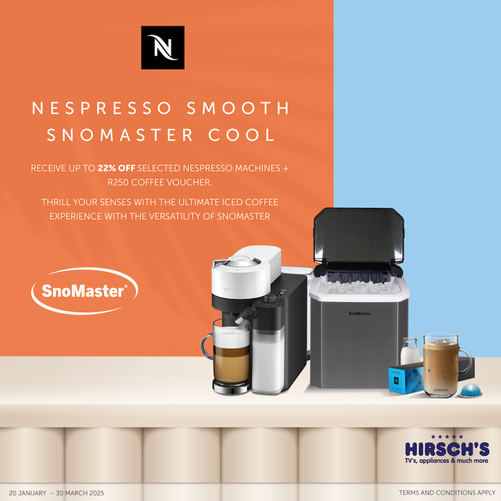 Iced coffee dreams?✨ Hirsch's, Nespresso, and SnoMaster have teamed up to bring you the ultimate summer refreshment. Enjoy up to 22% off selected Nespresso machines, a R250 coffee voucher, AND the perfect ice from a SnoMaster!

Shop in-store and online - bit.ly/3Q42P2A