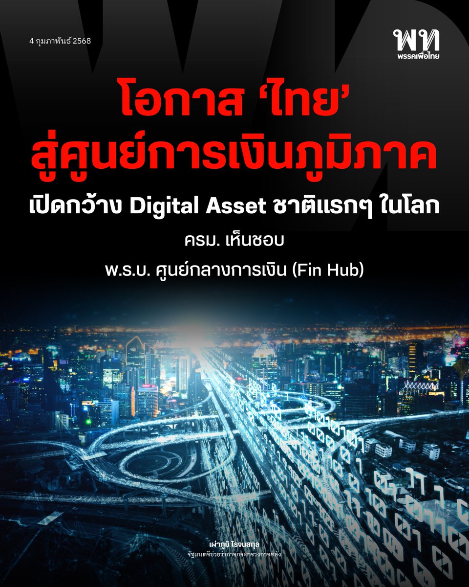 PheuThaiParty's tweet photo. ครม.มีมติเห็นชอบหลักการร่าง พ.ร.บ. ศูนย์กลางการเงิน (Fin Hub)  เผ่าภูมิ โรจนสกุล รมช.คลัง ชี้ดันให้ไทยเป็น  Financial Hub เป็นผู้เล่นสำคัญทางเศรษฐกิจในเวทีโลกและเพิ่มขีดความสามารถในการแข่งขันของประเทศ

กฎหมายใหม่นี้ เพื่อให้การพิจารณาใบอนุญาตและการกำกับดูแลการประกอบธุรกิจภายใต้ Financial Hub ครบวงจร เป็นสากล กำหนดรายละเอียดธุรกิจเป้าหมาย ,  จัดตั้ง One-stop Authority: OSA กำหนดคุณสมบัติผู้ประกอบธุรกิจ และกลไกการขออนุญาต , กำหนดสิทธิประโยชน์เพื่อจูงใจนักลงทุน รวมไปถึงแนวทางการกำกับดูแลที่มีประสิทธิภาพและเป็นไปตามหลักสากล ฯลฯ

#พรรคเพื่อไทย #ศูนย์กลางการเงิน #FinancialHub