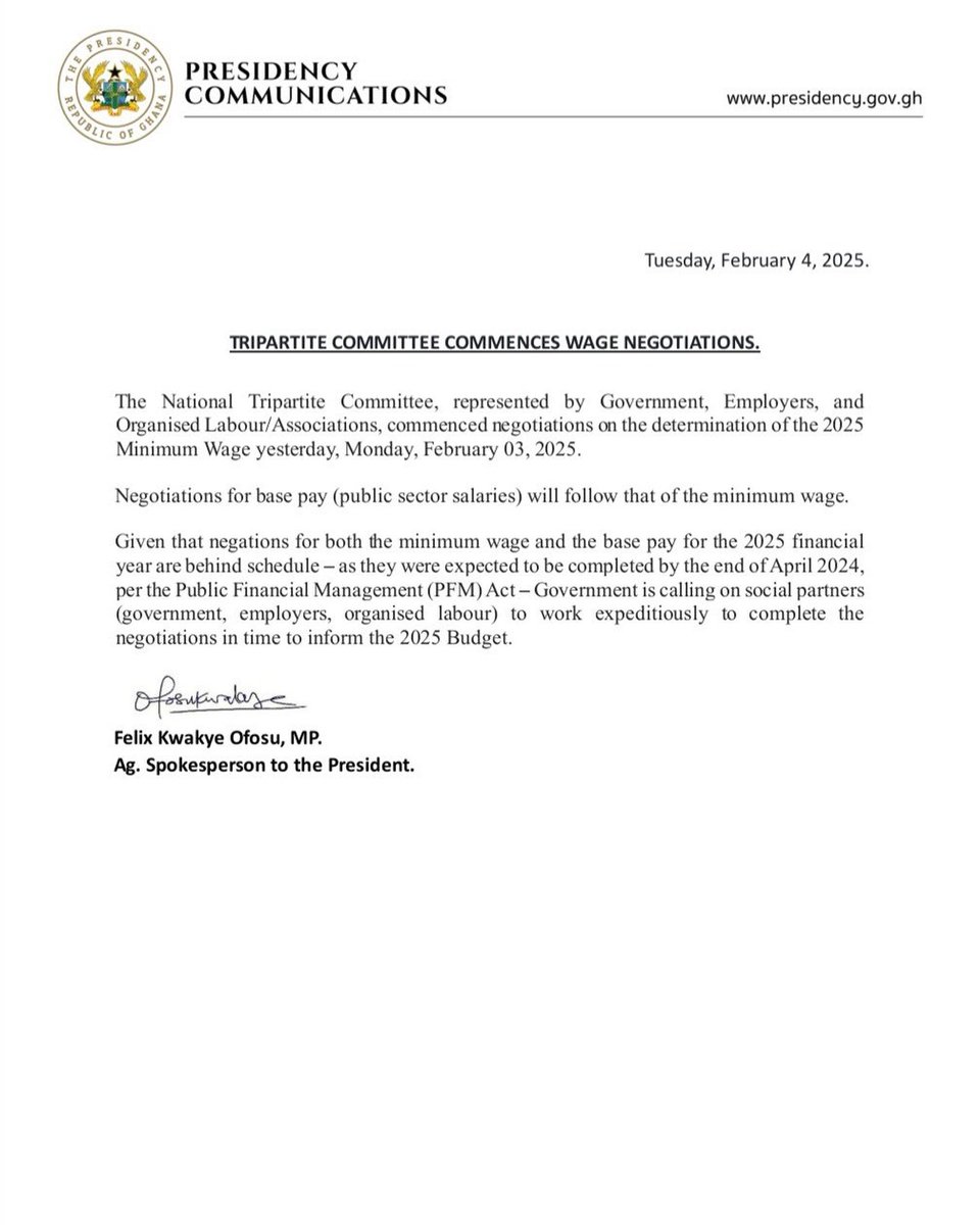 Channel247News's tweet photo. Tripartite Committee begins wage negotiations!
Government, employers, and organized labour have commenced discussions on the 2025 Minimum Wage. Base pay negotiations for public sector salaries will follow. #sammygyamfi #sefakayi #afenyomarkins https://t.co/y2MuDoWHVE