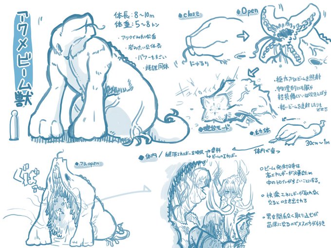 【アクメビーム獣】
バトルヒロインを捕食して吸収した快楽エネルギーをビームに収束して放つ巨獣。グラビ◯スくらい強い。 