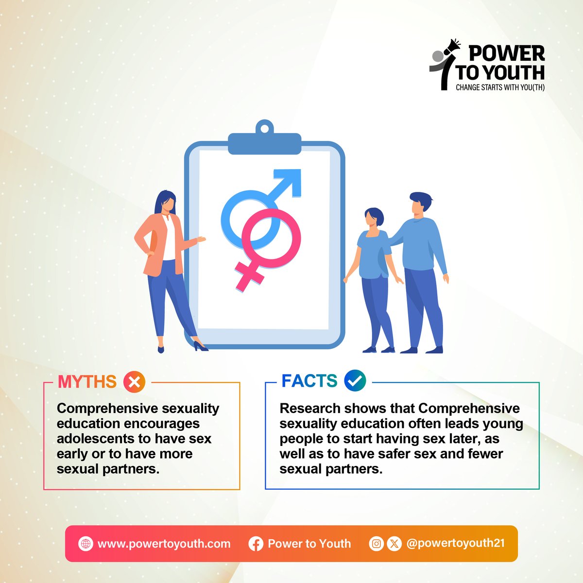 powertoyouth21's tweet photo. Did you know?! 📢📢📢📢
Myth: Comprehensive Sexuality Education (CSE) is not relevant for adolescents and youth. ❌
Fact: #CSE helps adolescents and youth learn about their bodies, emotions, relationships, and consent. ✅
#PowerToYouth #AYSRHR #CSEMatters https://t.co/hDRBvLy65D