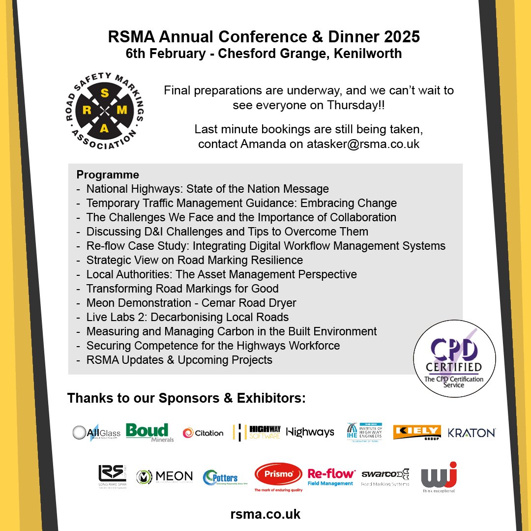🌟IT'S NEARLY TIME! 🌟
It's going to be an amazing event and we can't wait to see you there! 
The RSMA Conference is highly regarded and provides informative and inspiring seminars discussing the major issues facing the highways industry.

#RSMA #RSMAConf25 #roadmarking #highways