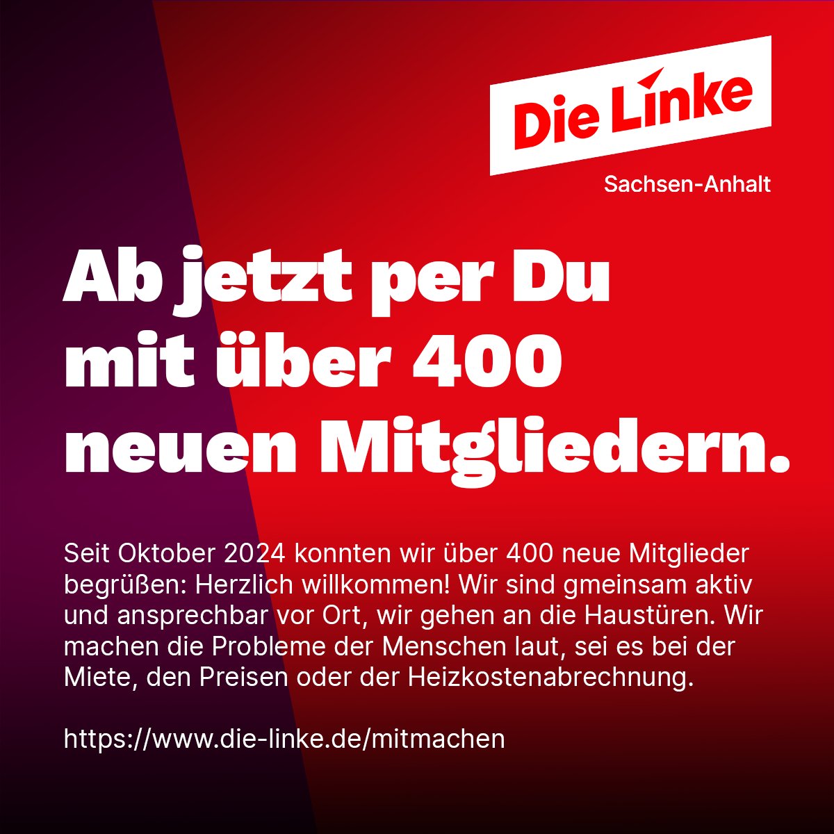 Ab jetzt per Du mit über 400 neuen Mitgliedern im Landesverband.

Unser Landesverband erlebt einen enormen Mitgliederzuwachs mit mehr als 10 #Neueintritten am Tag. „Die Linke ist die einzig verlässliche Brandmauer.“, so <a href="/JayBoettger/">Janina Böttger</a>.

dielinke-sachsen-anhalt.de/aktuell-1/deta…

#DeshalbDieLinke