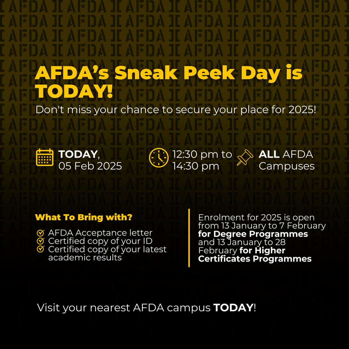 afda_co_za's tweet photo. 🤩AFDA Sneak Peek Day | TODAY, WEDNESDAY 5 FEBRUARY 😎
📢 Calling all future HumansofAFDA!
If you’ve applied to AFDA but haven’t completed your registration or enrolment, this is a fantastic opportunity for you to do so before the 1st term starts!
#AFDA https://t.co/lVR1XOhpra
