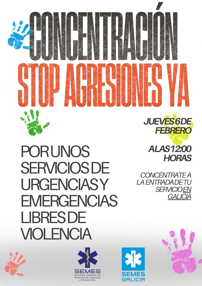 SEMES (@semes_) on Twitter photo Concentración #STOPAgresionesya
🖐️🖐️🖐️
Porque la seguridad de los profesionales sanitarios no debe verse comprometida mientras salvan vidas🛑
🫸6 de febrero
🫸A las 12 horas
🫸A la entrada de los SUH y SEM de #Galicia
Con <a href="/SEMESGalicia/">SEMESGalicia</a> Concentración #STOPAgresionesya
🖐️🖐️🖐️
Porque la seguridad de los profesionales sanitarios no debe verse comprometida mientras salvan vidas🛑
🫸6 de febrero
🫸A las 12 horas
🫸A la entrada de los SUH y SEM de #Galicia
Con <a href="/SEMESGalicia/">SEMESGalicia</a>