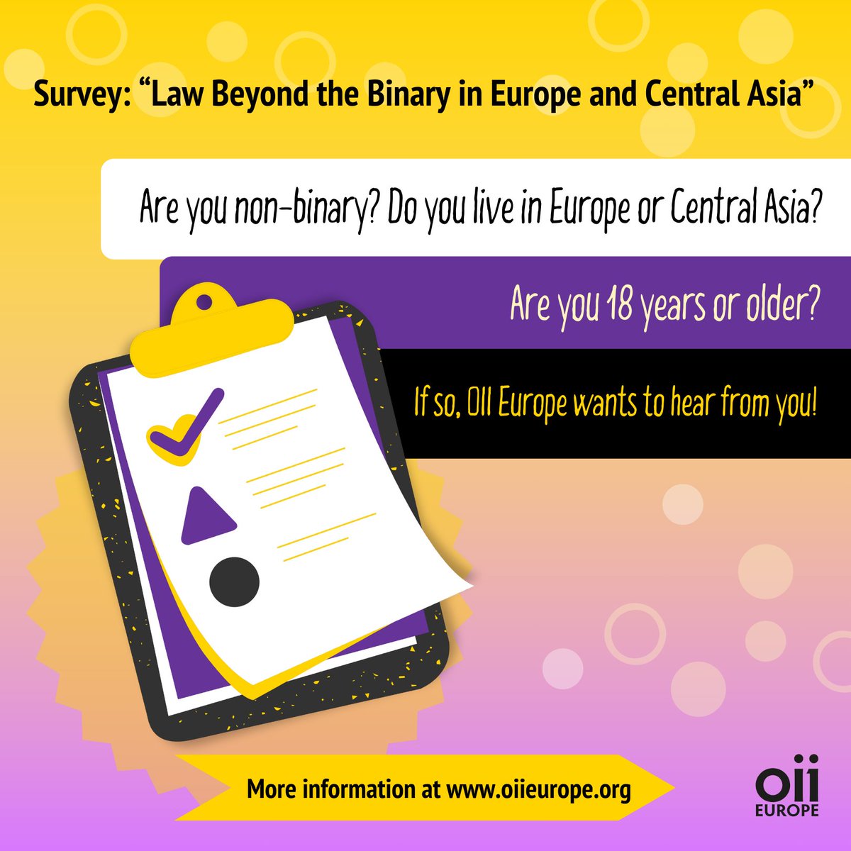 Are you non-binary? Do you live in Europe or Central Asia? Are you 18 years or older? If so, OII Europe wants to hear from you!

Joint #Survey project by OII Europe, ILGA-Europe, TGEU &amp; 4 academic organisers

More info here: bit.ly/enbyS25
#NonBinary #Europe #CentralAsia