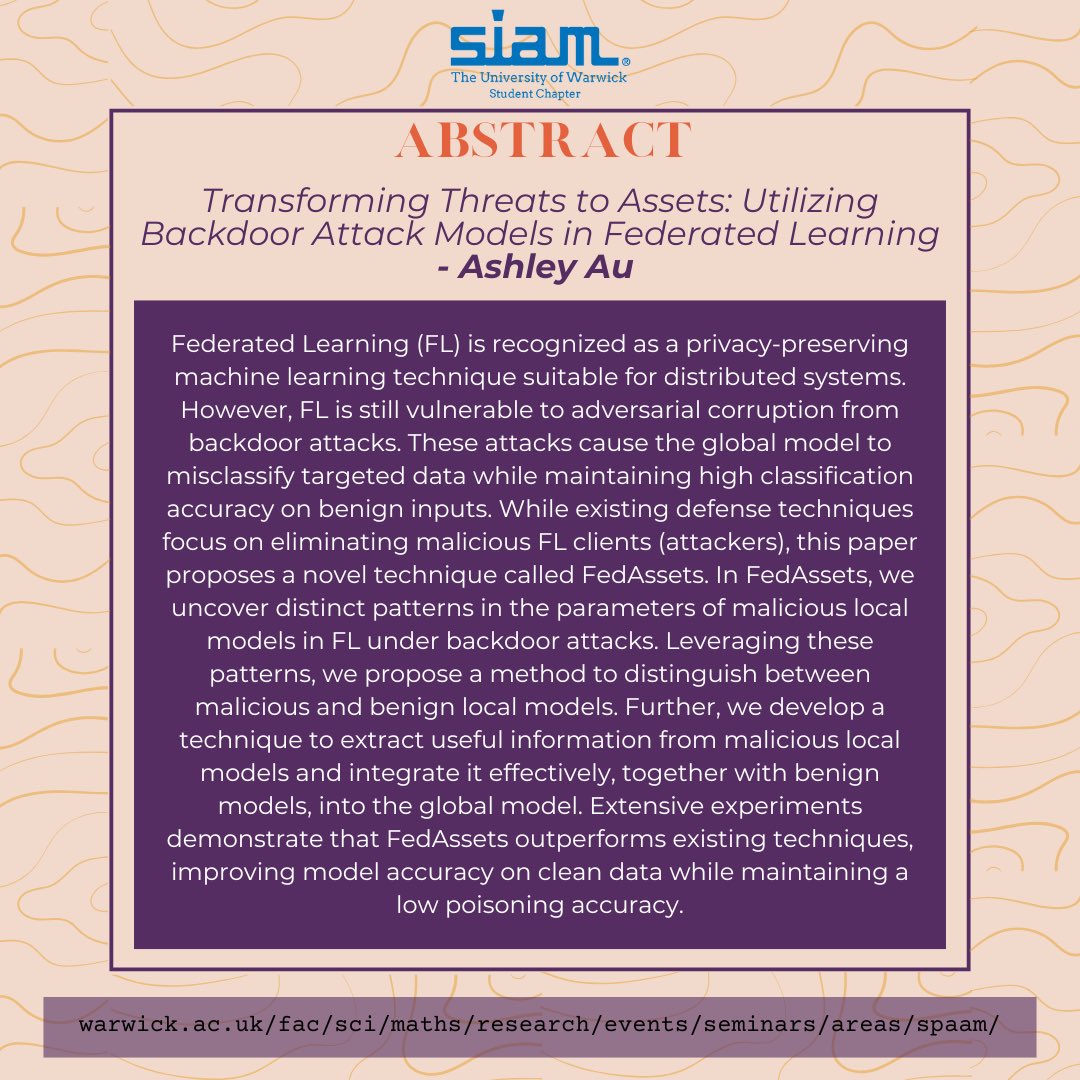 The SPAAM seminar this week will be presented by Kairan Zhao and Ashley Au, from Computer Science, Warwick! Check out our SPAAM and chapter websites (link in bio) to keep up to date with the events happening this term!