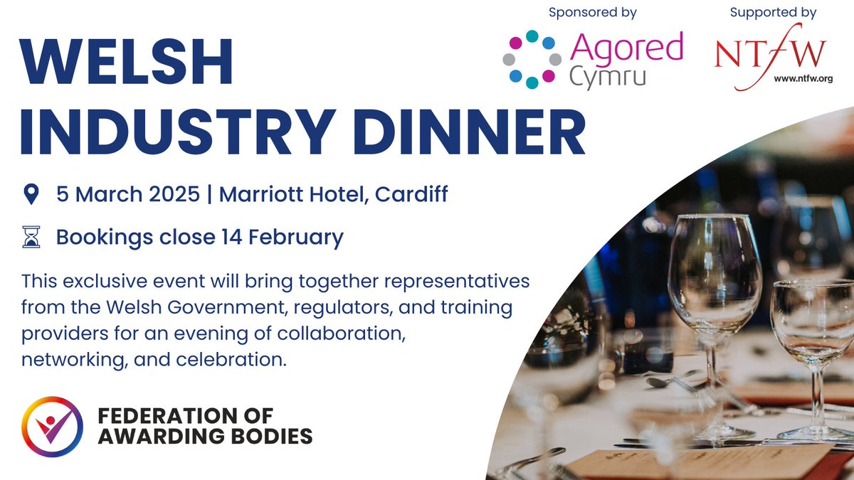 NTFW (@ntfwwbl) on Twitter photo The Federation of Awarding Bodies is hosting their inaugural Welsh Industry Dinner, sponsored by <a href="/AgoredCymru/">Agored Cymru</a> and supported by NTFW.
Date: Wednesday 5 March 2025
Venue: Marriott Hotel, Cardiff
Cost: ยฃ65.00
Contact eleanor.stretch@awarding.org.uk <a href="/AwardingBodies/">Federation of Awarding Bodies (FAB)</a> The Federation of Awarding Bodies is hosting their inaugural Welsh Industry Dinner, sponsored by <a href="/AgoredCymru/">Agored Cymru</a> and supported by NTFW.
Date: Wednesday 5 March 2025
Venue: Marriott Hotel, Cardiff
Cost: ยฃ65.00
Contact eleanor.stretch@awarding.org.uk <a href="/AwardingBodies/">Federation of Awarding Bodies (FAB)</a>