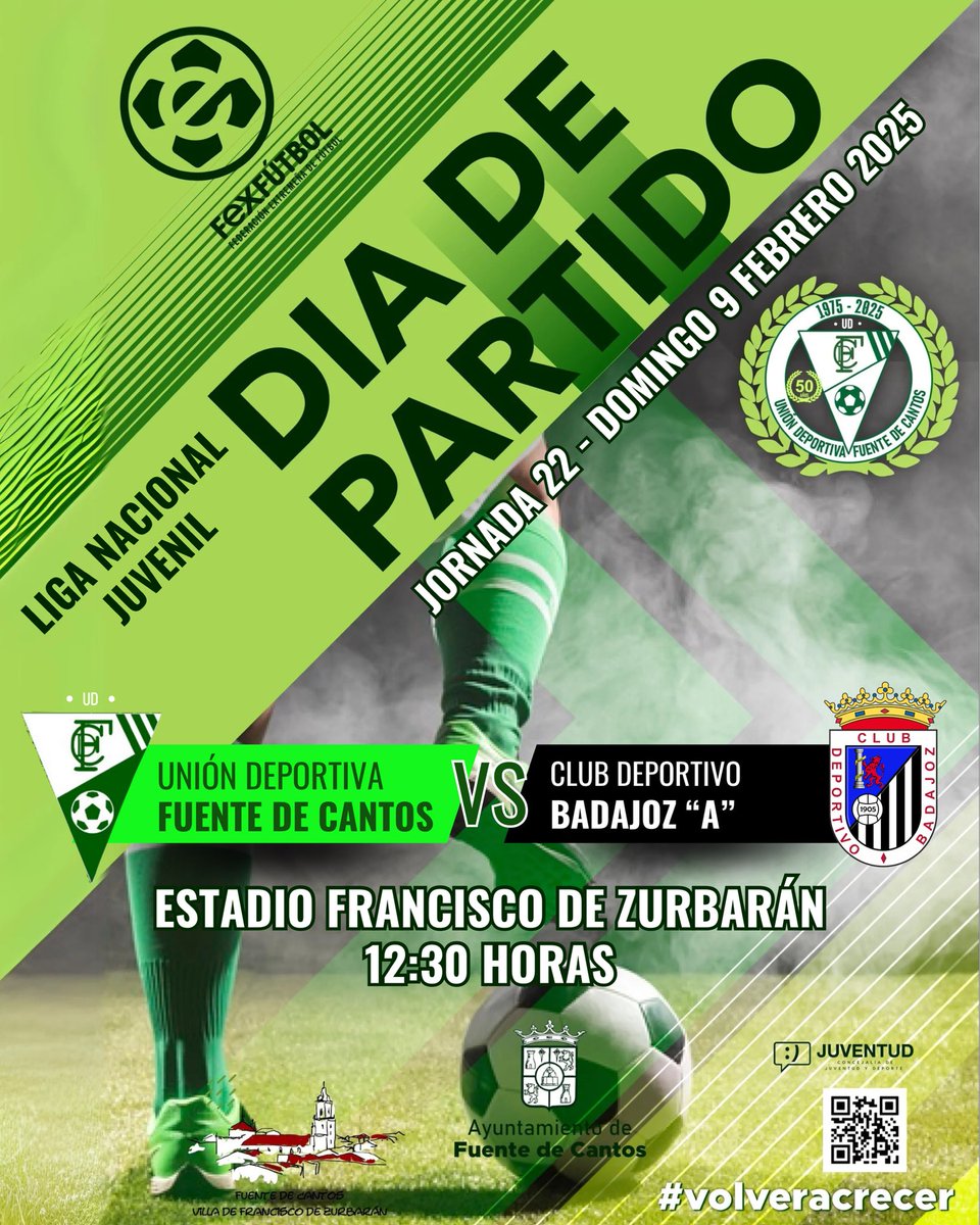 #DÍADEPARTIDO

‼️FÚTBOL ‼️ 
⚔️ LIGA NACIONAL JUVENIL - J22
🆚 <a href="/CDBadajoz/">CD Badajoz</a> 
🕢 Domingo 09/02 | 12:30H
🏟️ Fco. de Zurbarán
🎟️ ENTRADA GRATUITA
🎫 Sorteo 1€
💚 OS ESPERAMOS MAREA VERDE 💚

#VolverACrecer
#CanteraVerde