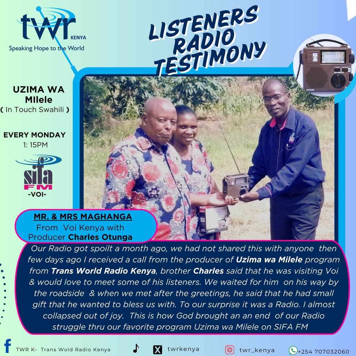 twrkenya's tweet photo. Few weeks ago brother Charles Otunga , the producer of Dr. Charles Stanley's #InTouchMinistries series in Swahili was on a personal visit to Voi town. As he was planning for the trip something told him that he needed to carry a Radio to bless one of his listeners
#radiotestimony https://t.co/LlWRaH39m8