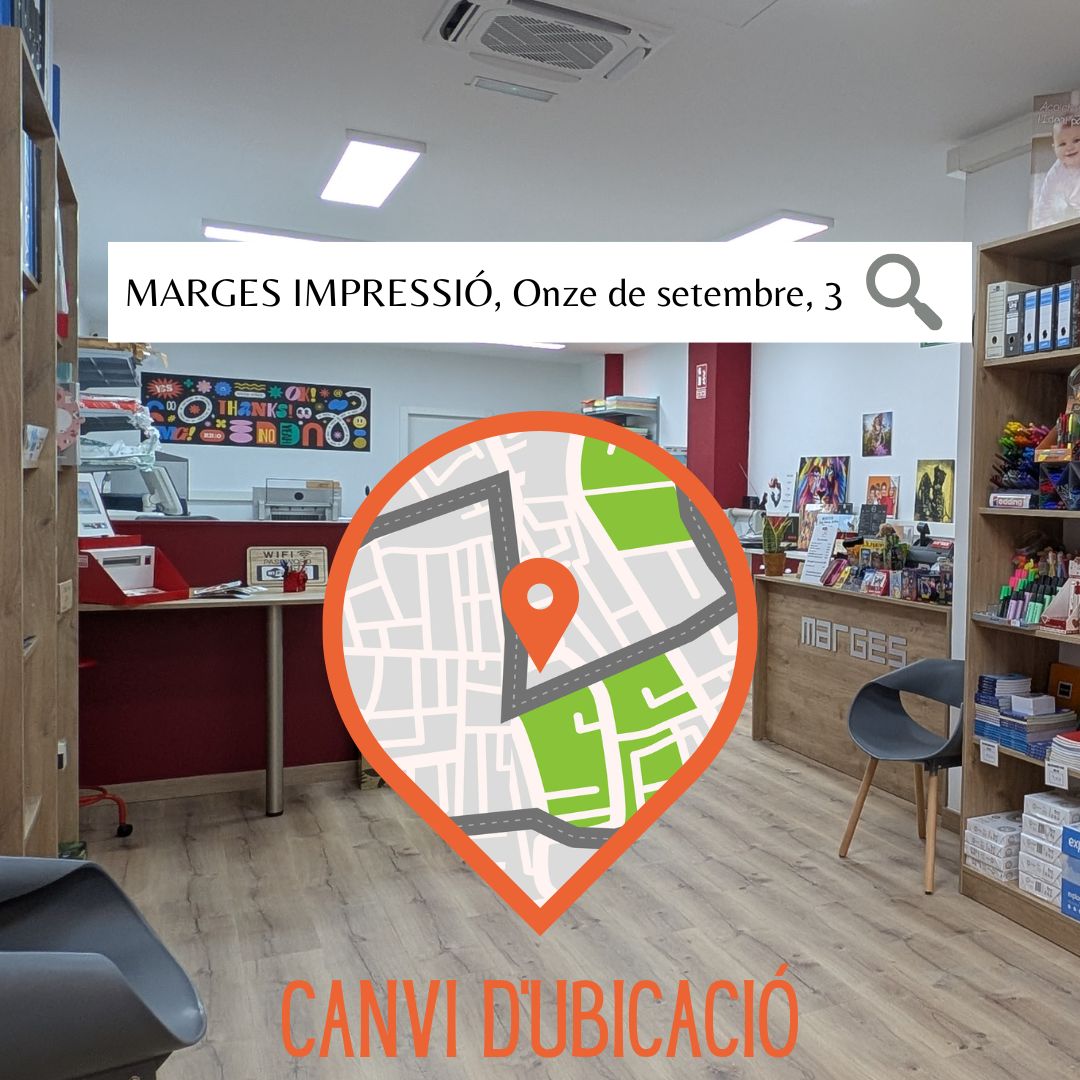 CBComerc's tweet image. NOVA UBICACIÓ, 𝗠𝗔𝗥𝗚𝗘𝗦 𝗜𝗠𝗣𝗥𝗘𝗦𝗦𝗜𝗢́
📌Carrer Onze de Setembre, 3
📞 93 772 00 86
📧 info@margesimpressio.cat 

#impressió #copisteria #materialoficina #castellbisbal