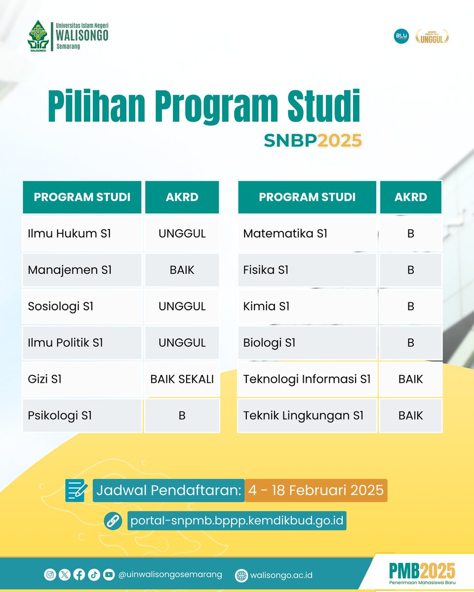 Holalaaaaa Sobat #Genwa2025 Pendaftaran SNBP 2025 Sudah Dibuka gesss

Bisa kamu akses di Website SNPMB yaaa
Jangan lupa pilih UIN Walisongo sebagai pilihan pertamamu Sob!

#genwa2025
#pmbUINwalisongo
#snbp
#uinwalisongounggul
#uinwalisongosemarang