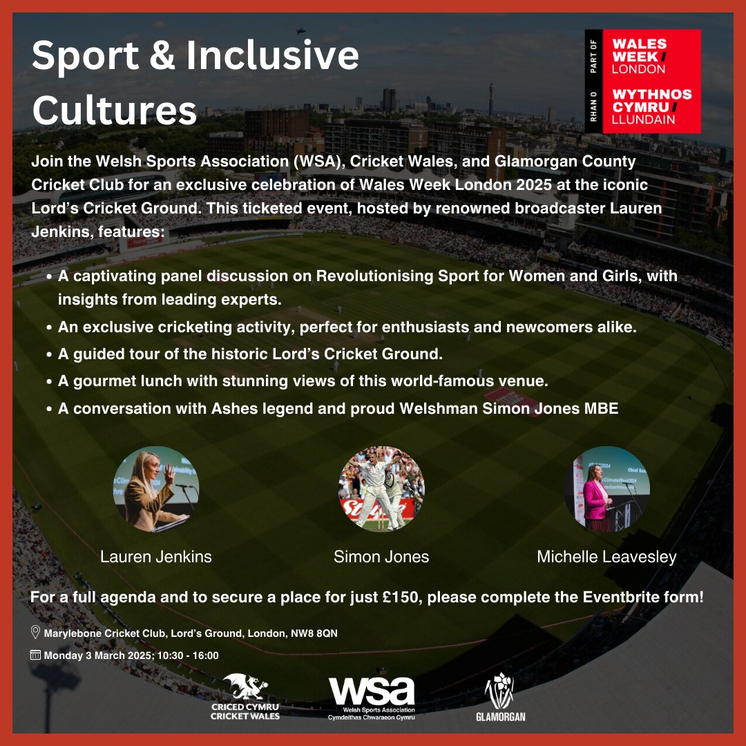 WelshSportAssoc's tweet photo. We're excited to be hosting an exclusive @walesweeklondon event at @HomeOfCricket alongside members @GlamCricket and @CricketWales next month!

Find all you need to know, and register to attend before limited space fills up➡️ https://t.co/5semyysEs1 https://t.co/HlKN4lUB8f