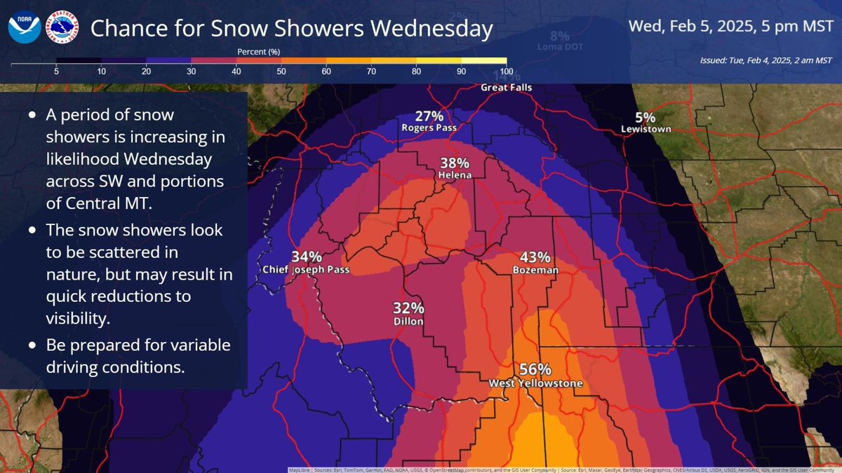 A period of snow showers is increasing in likelihood across Southwest and portions of Central Montana for Wednesday, mostly in the morning. Although scattered in nature, some may be heavy and result in rapid changes to driving conditions. #MTwx