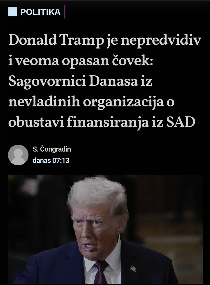 SasaRadulovich's tweet photo. "НВО" индустрија трпи огроман ударац који ће тешко преживети. Трамп потпуно укида USAID. Цела Сорошева мрежа се напајала из овог најважнијег и највећег извора. Остале су још владе ЕУ земаља чији буџети су неупоредиво мањи.

"НВО" индустрија је постала највећа претња здравом разуму, демократији, људским правима и слободи говора у свету. Радила и ради као ударна песница глобалних корпорација у потчињавању људи вољи корпорација. Сав ужас модерног доба, од џендеризма, цензуре на интернету, преко Ковид злочина против човечности, до наранџастих револуција, све ��е ишло преко "НВО".

Важно је и направити разлику између НВО и "НВО". НВО су удружења која оснивају грађани зарад постизање одређених циљева који су по правилу јавни интерес. "НВО" су вештачке творевине страних влада, које финансирају стране владе, и чија је сврха промовисање и пропаганда интереса страних влада. Као такве би требале бити забрањене, односно требало би забранити могућност страним владама и корпорацијама да финансирају "НВО".

Власт у Србији отворено сарађује са "НВО" већ годинама и дозвољава да њихова агенда трује законе и институције Републике Србије. Сорошев син је радо виђен гост владе Србије и наши највиши државни званичници се увек одазивају на сваки Сорошев позив. Преко сарадње наше владе, владе СНС-а, "НВО" су успеле да прогурају катастрофалну промену Устава и реформу правосуђа, да угурају џендеризам у многе законе, да нам растурају језик са глупошћу коју су назвали "родно сензитиван језик" и многе друге ��твари које су супротне интересима грађана Србије. Тако је СНС влада куповала мир у Србији и чувала своју власт.

Исте те "НВО" са којима сарађује влада Србије су од почетка шириле аутошовинизма у Србији нападали све што има речи Срби и Србија у себи и вређали све наше симболе, баш онако како су и комунисти од Срба, и само од Срба, хтели да направ�� Југословене који се стиде свега српског. Због свега тога, време ове и овакве власти пролази. Долази време суверенизма.

Проглас је "НВО" творевина, такође и Не давимо Београд, такође и разни зелени (не сви), такође и Н1-"медији" и разни "НВО" новинари. И они шире аутошовинизамм и као да би хтели да речи Срби и Србија нестану и да сви будемо Југословени који се кају за све измишљене грехе својих предака. И њихово време пролази јер ће им нестати пара. Долази време суверенизма.

Политика Трампа није да буде добро и правда у свету. Политика Трампа је усмерена ка томе да САД победи у светском геополитичком натезању великих сила. Оно што су закључили, а изгледа и глава глобалистички хоботнице такође, да "НВО" приступ контроле света више не ради, да им је донео више штете него користи и да је Кина својом суверенистичком политиком постала реална претња не само западној доминацији, већ и опстанку запада као таквог.

Изгледа да глобалистичке владе и политичари у ЕУ још увек нису добиле мемо. Изгледа да ни Сорош још није добио мемо. А тек ови наши "НВО" прваци и "НВО" прваци у целом региону, који ће изгледа последњи добити мемо.

А мемо је: свет се бесповратно променио. Више нисте потребни. Америка је одлучила да се за светску доминацију бори на другачији начин. Без вас. Главни противник Америке је Кина, и природно је да ће и једни и други гледати да имају Русију на својој страни, или барем неутралу. Што значи да ће се рат у Украјини, уз неминовне потресе слегања тла, решити релативно брзо и то у интересу Русије.

Ако за ниш��а друго, Трамп заслужује честитку за убијање "НВО" аждаје. А шта ће друго донети Трампова политика свету, то ћемо видети. Оно што је сигурно је да ће она бити у фукцији америчких интереса. У сваком случају, у сукобу САД и глобалистичке ЕУ и остатка "НВО", Србији је место на страни САД, на страни суверенизма. А у свету, интерес Србије, а и целог човечанства, је повратак ��ултиполарног света. То изгледа схвата и САД. Једино то још нису схватили наши ЕУ-фанатици.