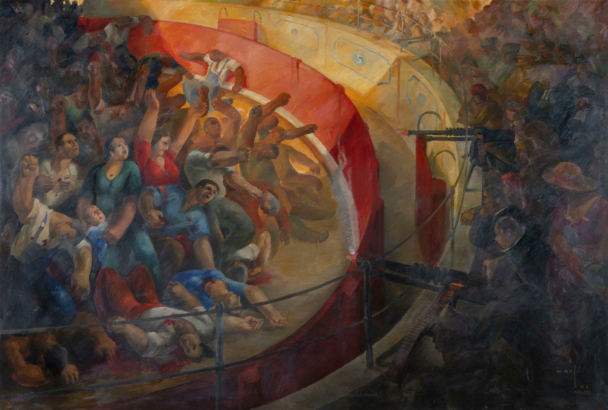“Fusilamientos en la plaza de toros de Badajoz” (1937) Joaquim Martí-Bas. Permaneció oculto en los depósitos del Museo Nacional de arte de Cataluña desde 1938 hasta mediados de los años 80.