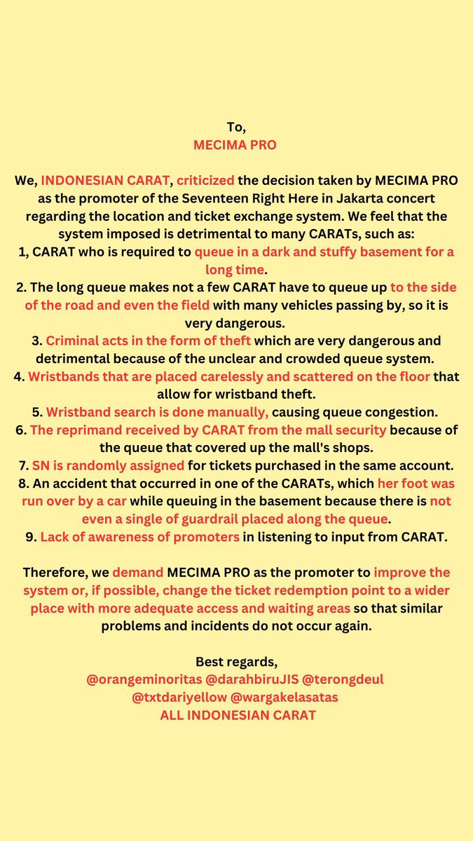 [AKSI CARAT BERSUARA]

To <a href="/mecimapro/">MCP</a>

WE, INDONESIAN CARAT, DEMAND YOU TO RESPECT YOUR CUSTOMER AND BE A WISE PROMOTOR!

#Aksi_Carat_Bersuara
#MECIMA_WAKE_UP
#MECIMA_LISTEN_TO_US
#MECIMA_NOT_PROFESSIONAL
#JusticeForCarat
