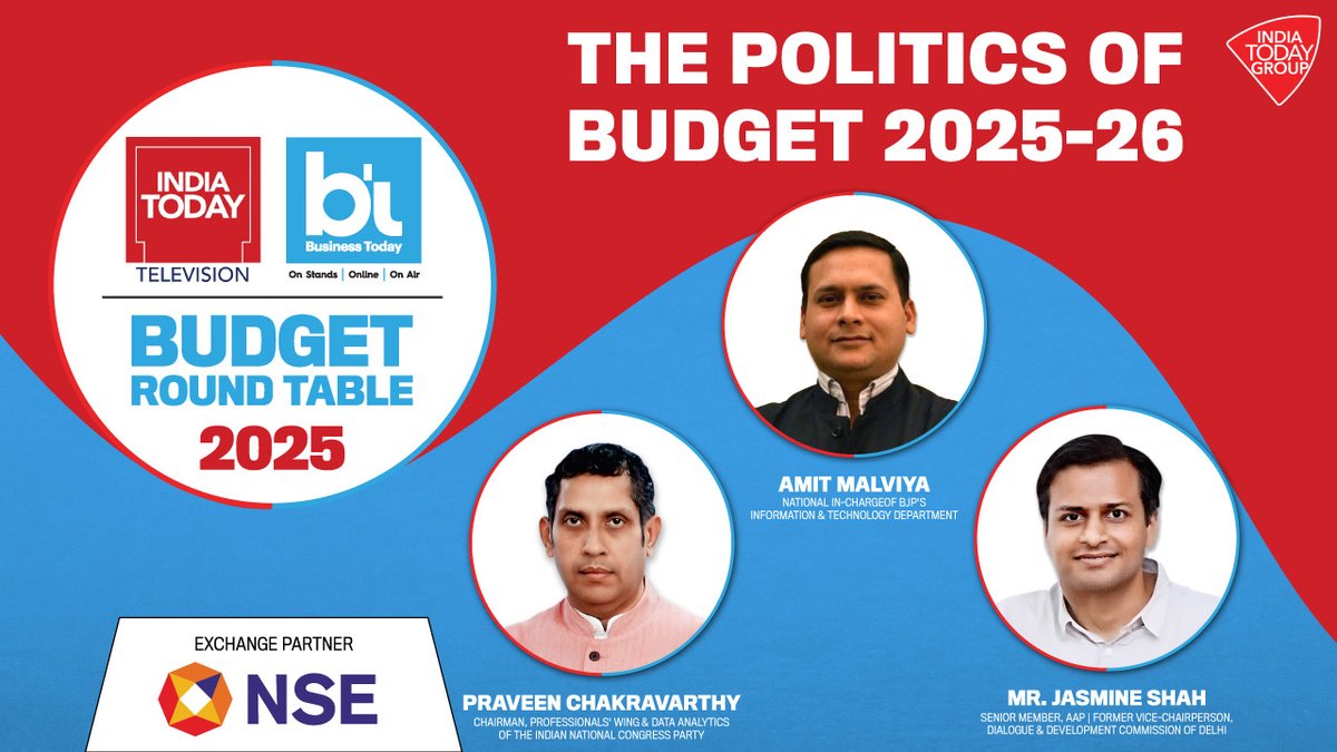 business_today's tweet photo. LIVE | Budget 2025 Showdown: BJP Vs Congress & AAP In A Heated Political Debate!
Watch LIVE: https://t.co/hL0zEjzGDq | #PostBudgetRoundTable #BudgetWayTheBTWay #Modinomics2025 #PoliticalDebate #UnionBudget2025
@szarabi | @amitmalviya | @pravchak | @Jasmine441 | @NSEIndia https://t.co/BKy6ntZxYT
