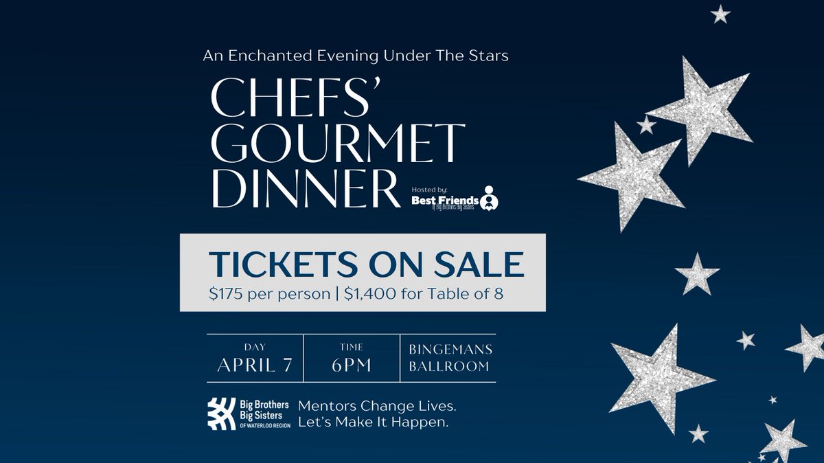 Enjoy an unforgettable dining experience with Waterloo Region's top chefs at the 30th annual Chefs' Gourmet Dinner, supporting local youth mentorship through Best Friends of BBBSWR. Mentors change lives: let's make it happen! Tickets link in bio. <a href="/BBBSWR/">BBBS Waterloo Region</a> #BestFriendsGOBIG