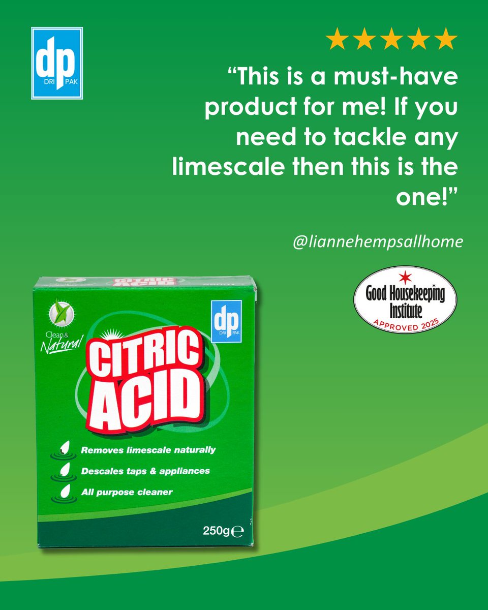 DriPak's tweet image. Thanks for the love, liannehempsallhome! 💚

Give your appliances a natural glow-up with #CitricAcid 🌟 

It’s the #ecofriendly way to tackle #limescale and keep everything sparkling. Simple, effective and kind to the planet - because clean shouldn’t cost the Earth! 🌿