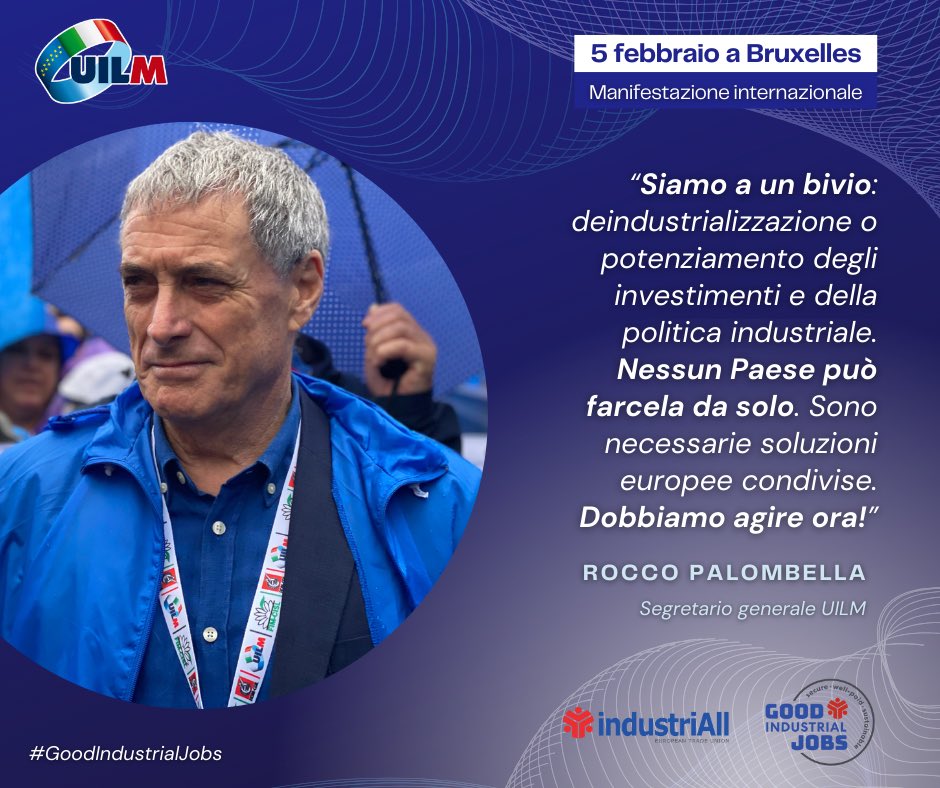 UilmNazionale's tweet image. #GoodIndustrialJobs

Siamo di fronte a un bivio e la desertificazione industriale è una realtà in Italia e in #Europa. Bisogna agire subito!

Per questo domani saremo a #Bruxelles per la manifestazione organizzata da @industriAll_EU Non esiste un futuro senza #industria!