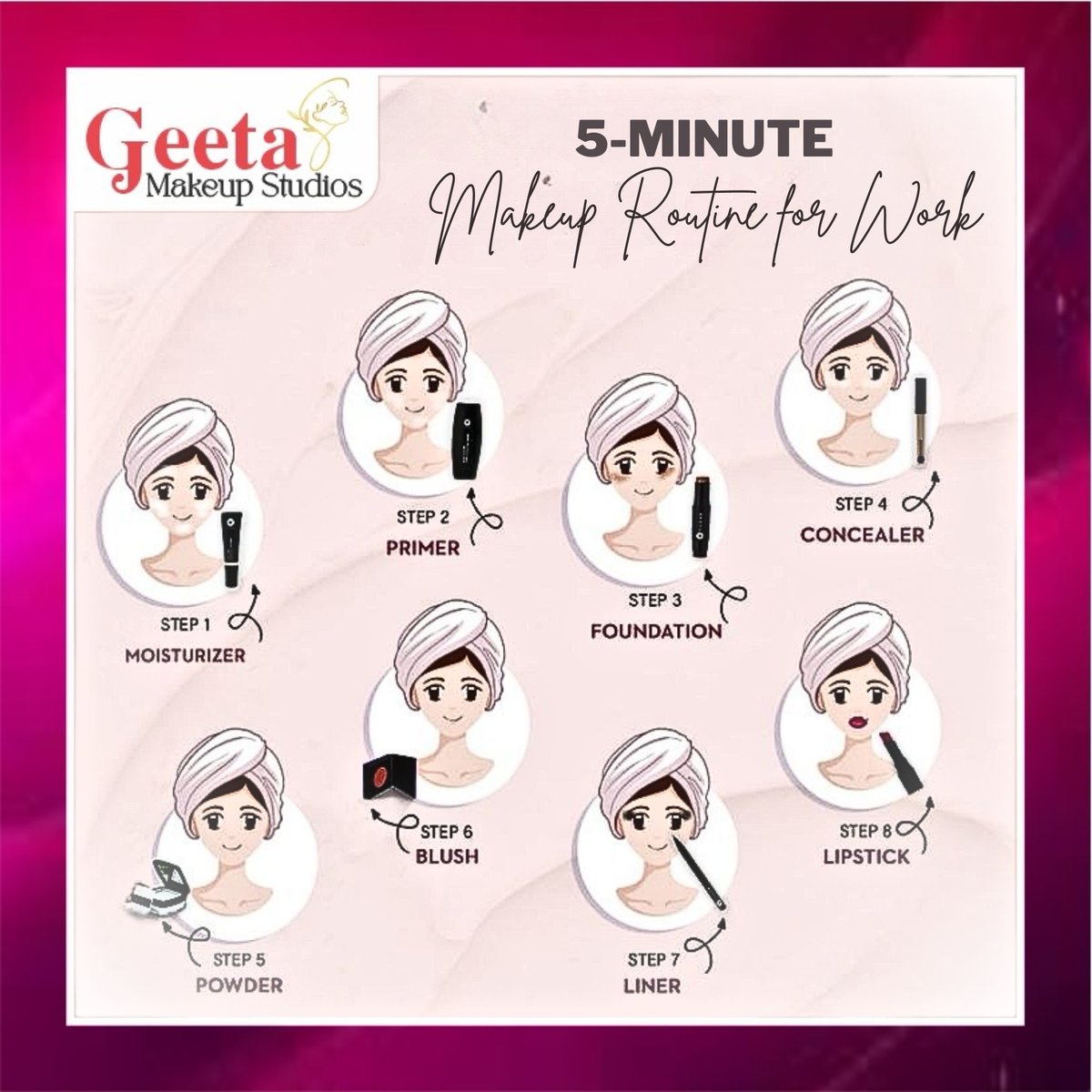 geetasmakeup99's tweet photo. ✨ 5-Minute Makeup Routine for Work! ⏳

Busy mornings? Achieve a fresh &amp; polished look in just 5 minutes with this easy 8-step routine! 💄

📞 Book your makeup session:
+91 83699 90499 | +91 75677 06859
#QuickGlam #Flawless #MakeupRoutine #BusyMorningBeauty #MakeupThatMatters https://t.co/T15kTUD66e