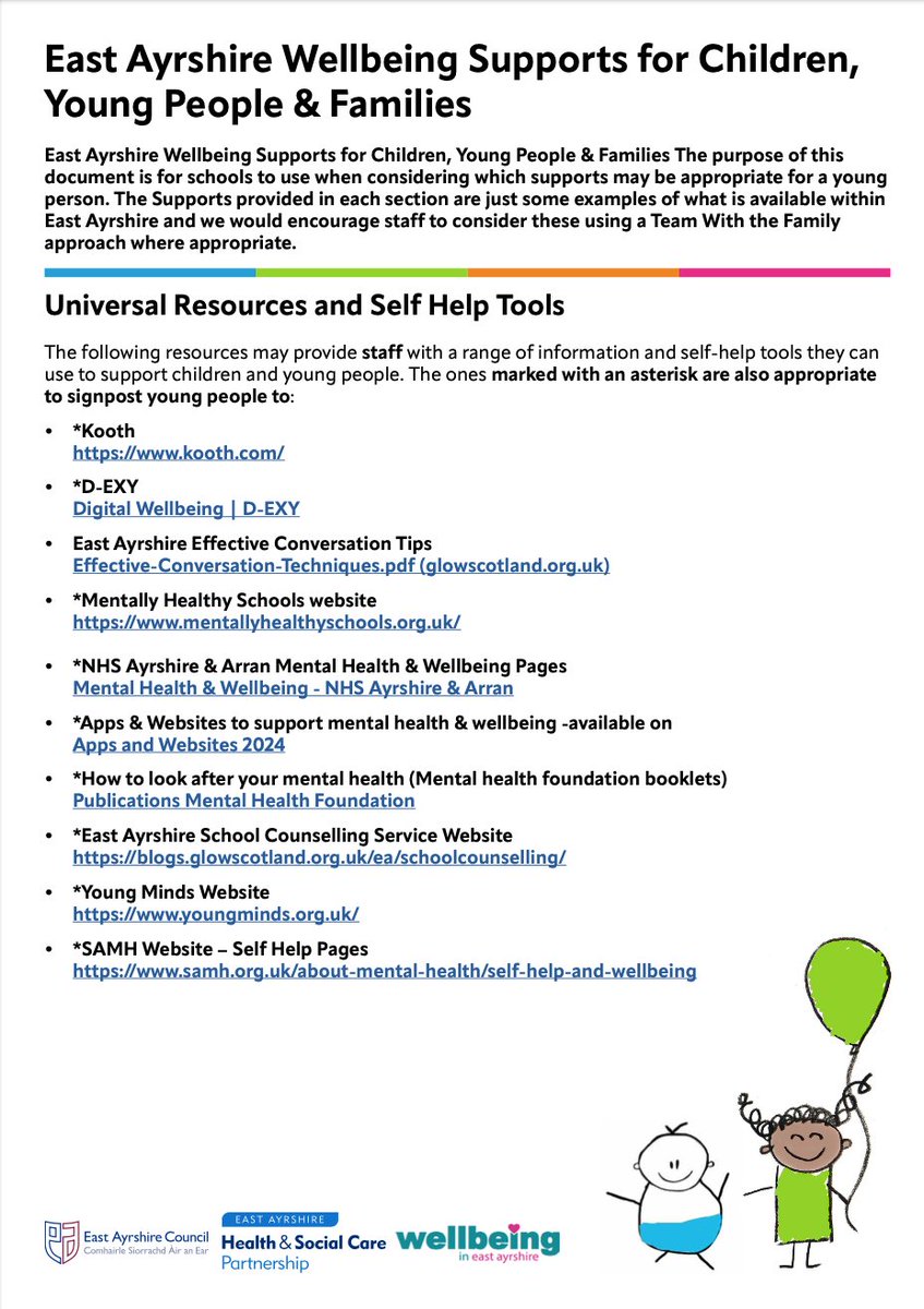 EACschoolCouns's tweet photo. This #ChildrensMentalHealthWeek we are sharing our EAC Wellbeing supports document which was just recently updated.  Please help us to share this with children, young people, families and practitoners https://t.co/S4EkShr6qI  @EastAyrshire @eac_GIRFEC @eahscp @eahomelink https://t.co/Jgul0eNdNB