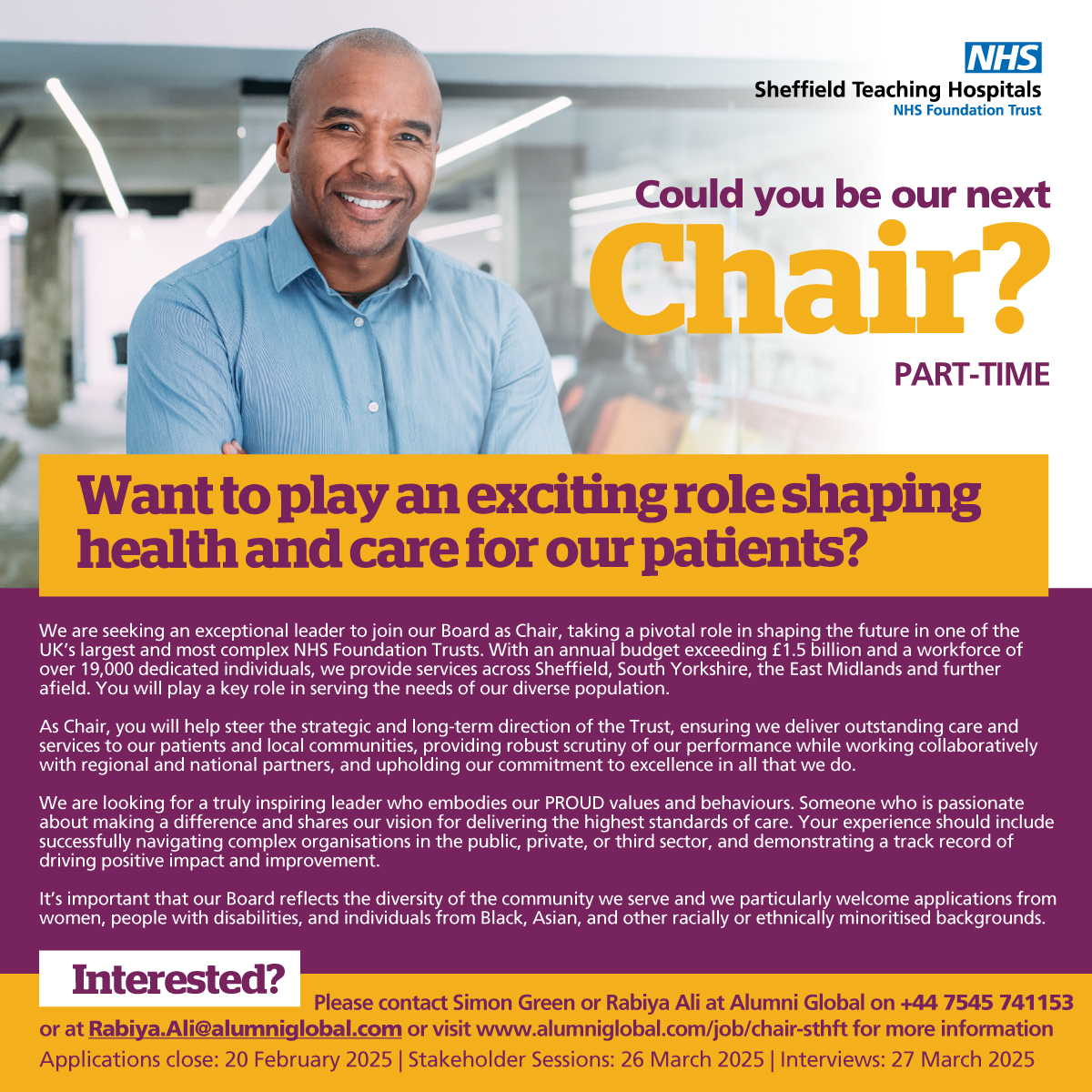 Could you be our next Chair? We are seeking an exceptional leader to join our Board as Chair, taking a pivotal role in shaping the future in one of the UK's largest and most complex NHS Foundation Trusts.
For more information visit alumniglobal.com/job/chair-sthft