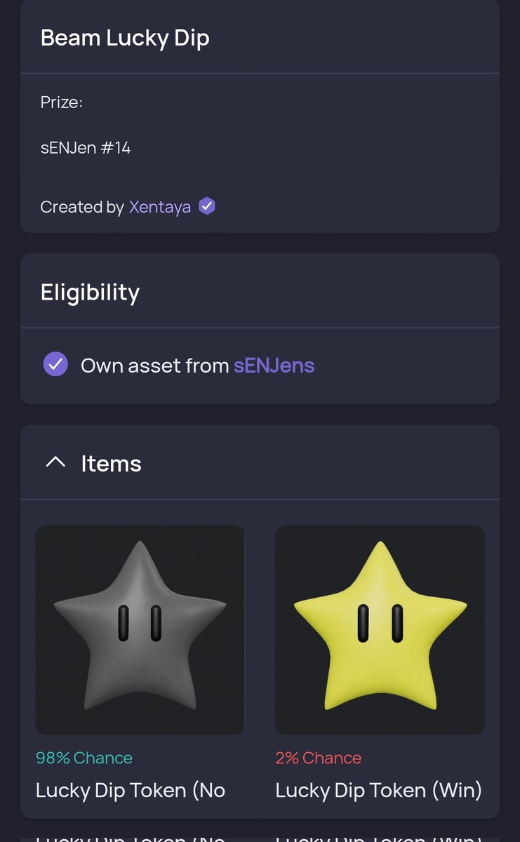 Time for another lucky dip draw in 30 mins

sENJen #14 is the prize

✅️ 10 Enjin infused

Catch: Draw is for existing sENJen holders only

Thank you for those who have supported me so far

As more sell, more lucky draws will follow for everyone to play

nft.io/collection/sen…
