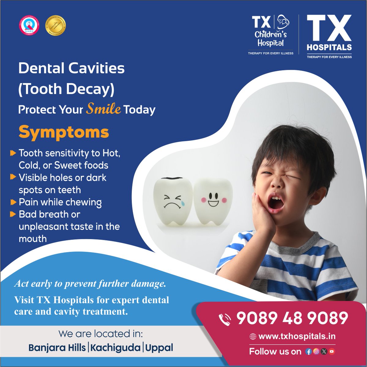 txhospitals's tweet image. Protect Your Child’s Smile!
Dental cavities can cause pain and discomfort in kids. Look out for symptoms like tooth sensitivity, dark spots, and pain while chewing. Visit TX Hospitals for expert dental care and cavity treatment.
Call us at: 9089 48 9089
#DentalCare #ToothDecay