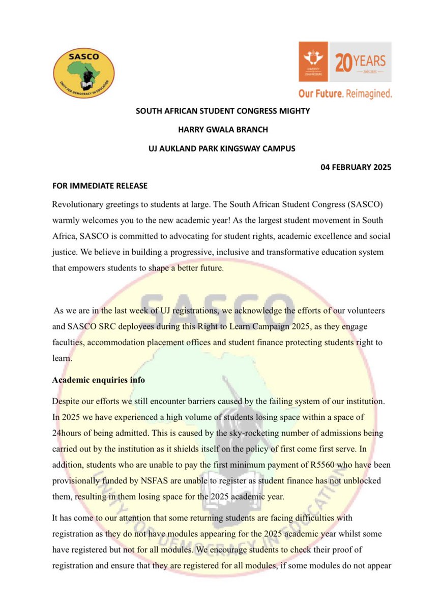 UjApksasco's tweet photo. SASCO welcomes you to the new academic year and remains committed to student rights, academic excellence, and social justice. As UJ registrations close, we honor our volunteers and SRC deployees for their dedication to the Right to Learn Campaign 2025. #StudentPower #RightToLearn https://t.co/qL17Bg1nPc
