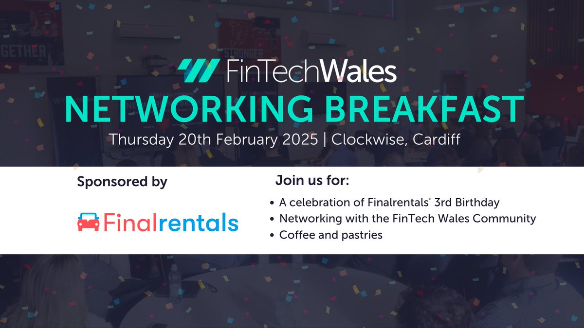 FinTech Wales (@walesfintech) on Twitter photo 🎉 Join us for a very special Networking Breakfast this February as we celebrate <a href="/finalrentals/">Finalrentals</a> ' third birthday! 🥳🎂
🎟 Spaces are limited, so secure your spot before they’re gone: fintechwales.org/events/fintech…
💡 FREE for FinTech Wales members. 🎉 Join us for a very special Networking Breakfast this February as we celebrate <a href="/finalrentals/">Finalrentals</a> ' third birthday! 🥳🎂
🎟 Spaces are limited, so secure your spot before they’re gone: fintechwales.org/events/fintech…
💡 FREE for FinTech Wales members.