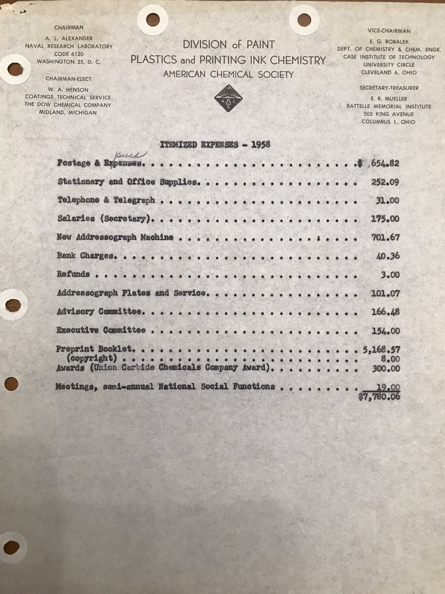 Lisa Baugh (@lisasbaugh) on Twitter photo PMSE History, week 3: In 1958, <a href="/acspmse/">ACS PMSE Division</a> ‘s major operating expense was Preprints. The Doolittle (Union Carbide) Award had just been launched. It’s a loss for us 21st century volunteers, I think, to have never done division business by telegram…or used the addressograph machine. PMSE History, week 3: In 1958, <a href="/acspmse/">ACS PMSE Division</a> ‘s major operating expense was Preprints. The Doolittle (Union Carbide) Award had just been launched. It’s a loss for us 21st century volunteers, I think, to have never done division business by telegram…or used the addressograph machine.