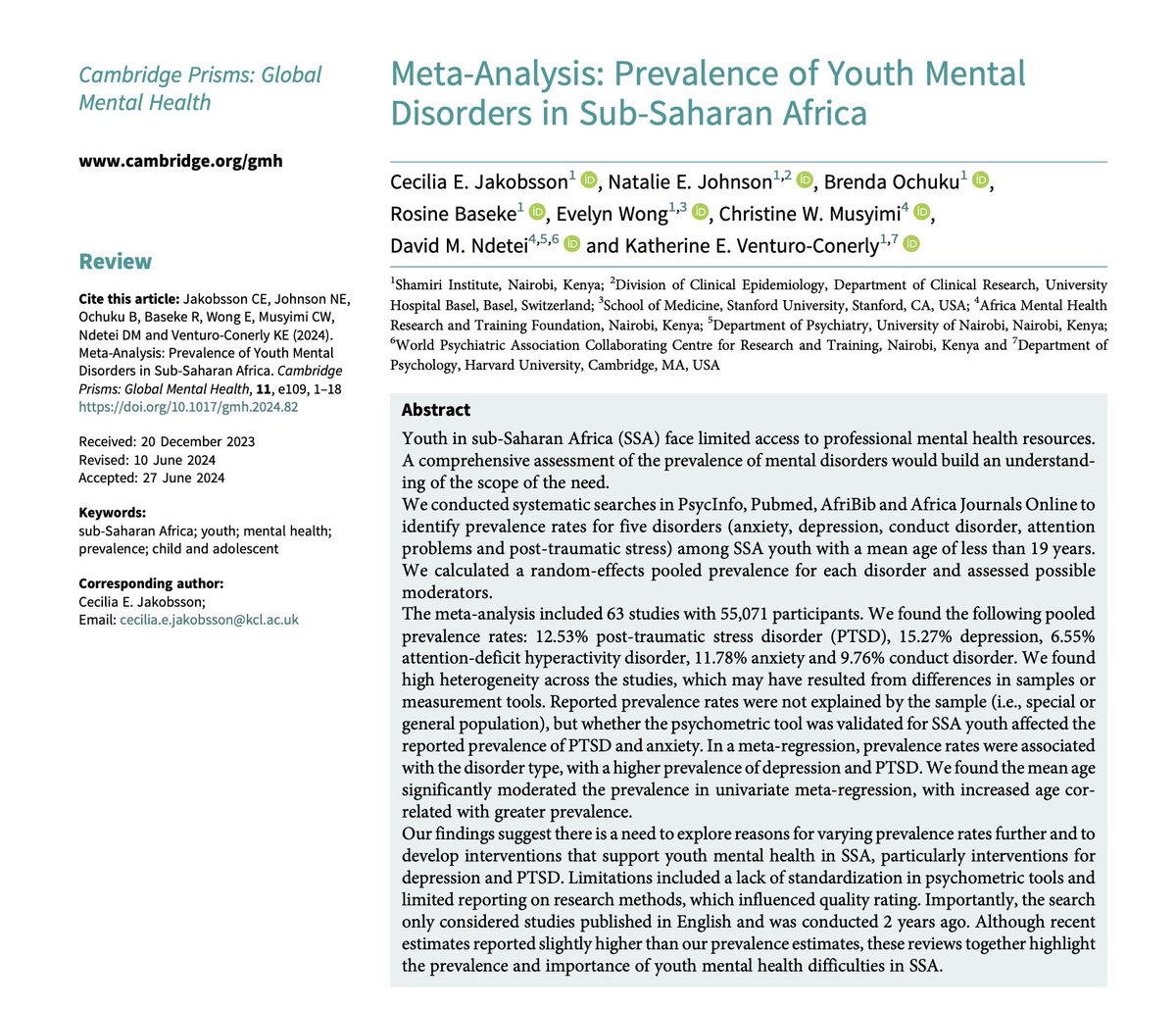 Meta-analysis published in #CPGlobalmentalhealth sheds light on the prevalence of mental disorders in Sub-Saharan African youth.

Check out the findings: bit.ly/3EAVWTG

#mentalhealth #youthmentalhealth <a href="/dmndetei1/">Prof. David M.Ndetei</a> <a href="/kventuroconerly/">Katherine Venturo-Conerly</a> <a href="/BrendaOchuku/">Brenda Ochuku</a> <a href="/DrMusyimi/">Christine Musyimi</a>