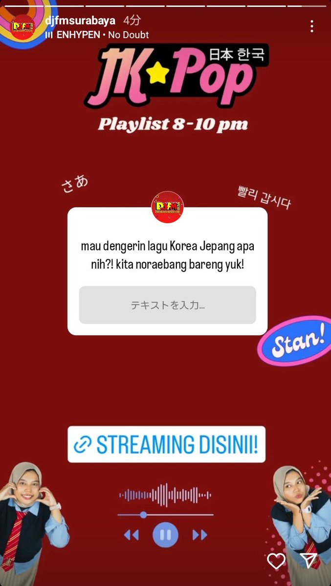 SiberianScale's tweet image. インドネシアのラジオ局 #DJFMSURABAYA の番組 #JKPOP 、今日はAnthem time送りたいと思います🌸

インスタのストーリーズに
"Anthem time" by Sakurazaka46
を入力・送信でOK!
よかったら23時頃までにぜひ〜
instagram.com/stories/djfmsu…

放送は22-24時👇️  
onlineradiobox.com/id/djfmsurabay…