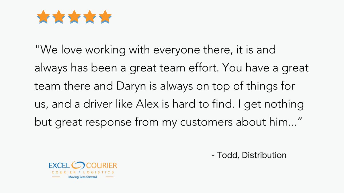 Excel_Courier's tweet photo. Another excellent Testimony Tuesday. Great job, Daryn and Alex! Having a dependable team giving their best daily is priceless. We appreciate their hard work in ensuring clients receive the best service. ⭐⭐⭐⭐⭐

🌐: https://t.co/34AxkvIuqI https://t.co/PQJJU7VVFA