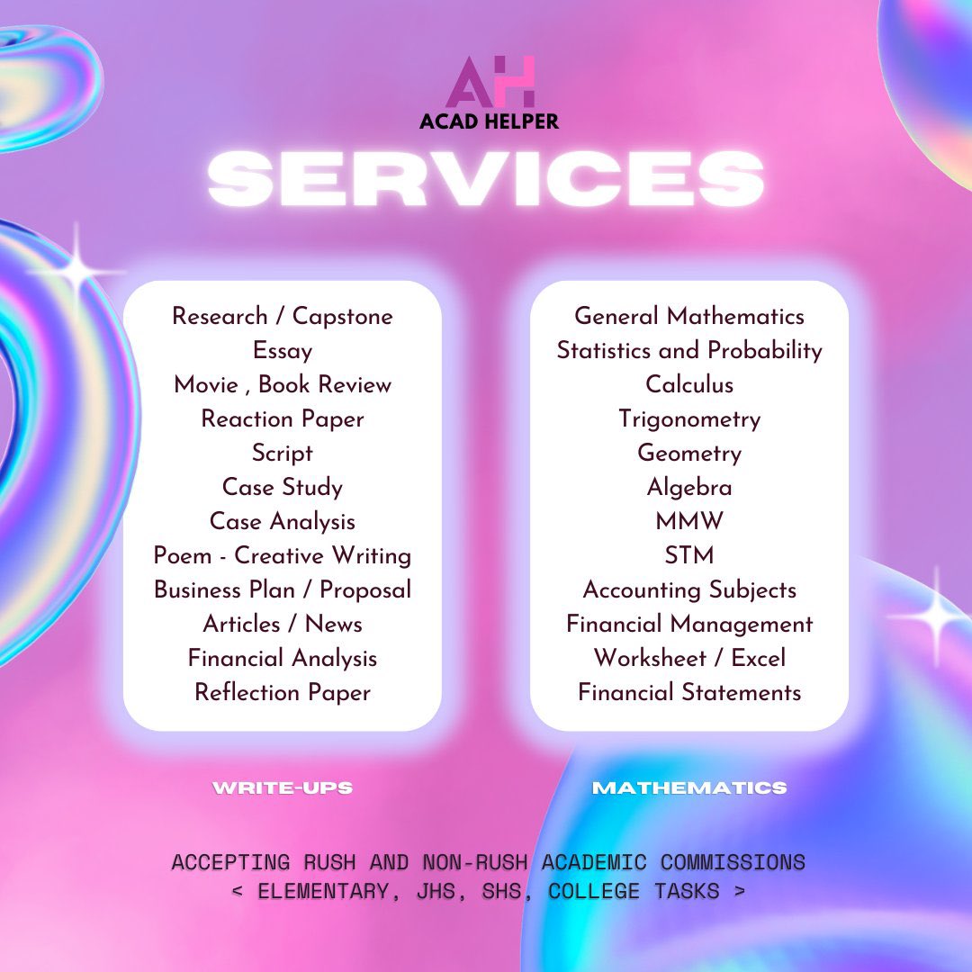 acadhelper2023's tweet image. 📚 research paper / thesis / capstone
📝 essay, position paper, report, film and book review, script, reflection, etc.
📖 case studies, case digest
📊  accounting + financial management
🎨 infographic, brochure, ppt, flyers, posters
🧮 math-related tasks (mmw, calculus)
and more
