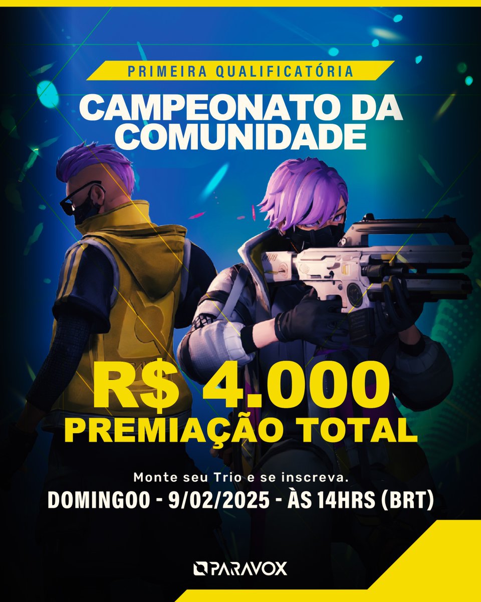 A primeira qualificatória do Campeonato da comunidade tá on 💥

Monte o seu trio e venha conquistar o topo 🔥

Formulário de inscrição: forms.gle/SxRL64WZ5k6R5g…