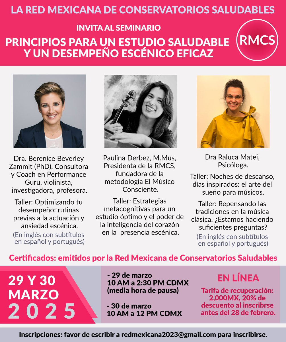 Delighted to have been invited to join this panel of wonderful colleagues for the Mexican Network of Healthy Conservatoires on the 29th &amp; 30th March, GMT 14:00 / CDMX 10:00!
Talks will be translated into Spanish.

#healthyconservatoires #conservatoriosaludables