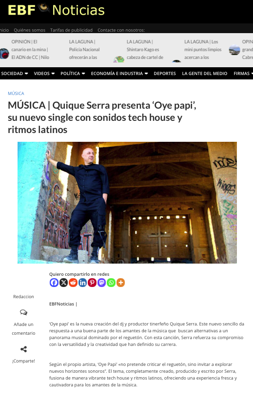 Quiqueserradj's tweet image. 🍑 OYE PAPI 🍑

🇪🇸 Esta es la noticia de mi último single en el @blogoferoz , ¡gracias!
🇬🇧 This is the news of my last single in &quot;El Blogo Feroz&quot; , Thank you!

elblogoferoz.com/2025/02/01/mus…

#oyepapi #techhouse #latintech #latinhouse #housemusic