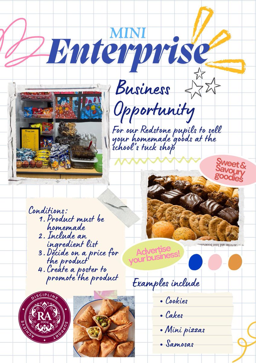 RedstoneAcademy's tweet image. 🎉 Exciting Opportunity for All Students! 🎉

🚀✨ Ready to unleash your entrepreneurial spirit?
🍪🍕 Bring your homemade goodies to the tuck shop &amp;amp; sell during break &amp;amp; lunch!
💸 You keep ALL the profits!
📝 Don’t forget to submit your consent form!
forms.gle/mzmNsNE2g9QVdo…
