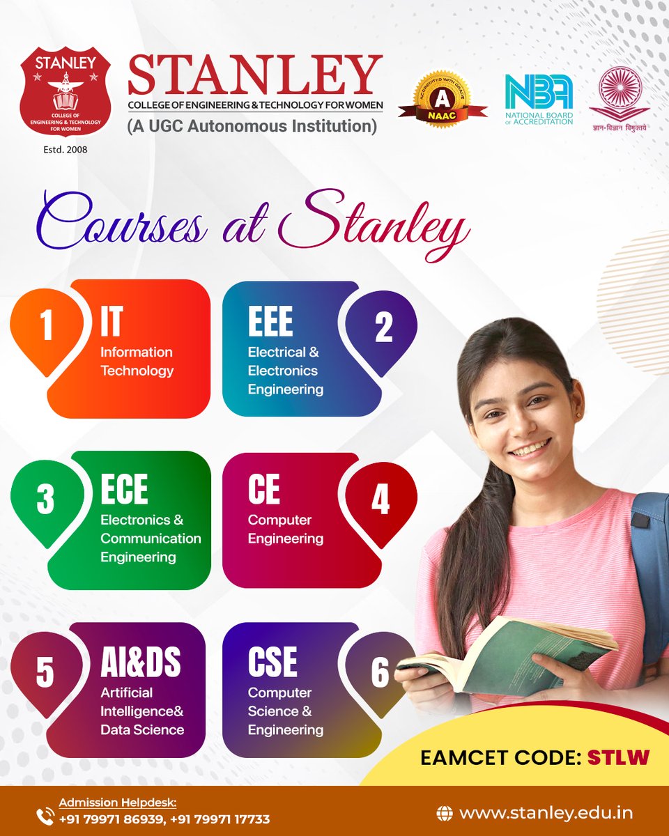 stanleywomensc1's tweet photo. π Explore Your Future at #StanleyCollege of #Engineering & #Technology for Women! π
Unlock limitless opportunities with our diverse #EngineeringPrograms. Join a center of excellence that empowers women in engineering & innovation! π
#EngineeringForWomen #FutureEngineers #IT https://t.co/eae3z0dQ41