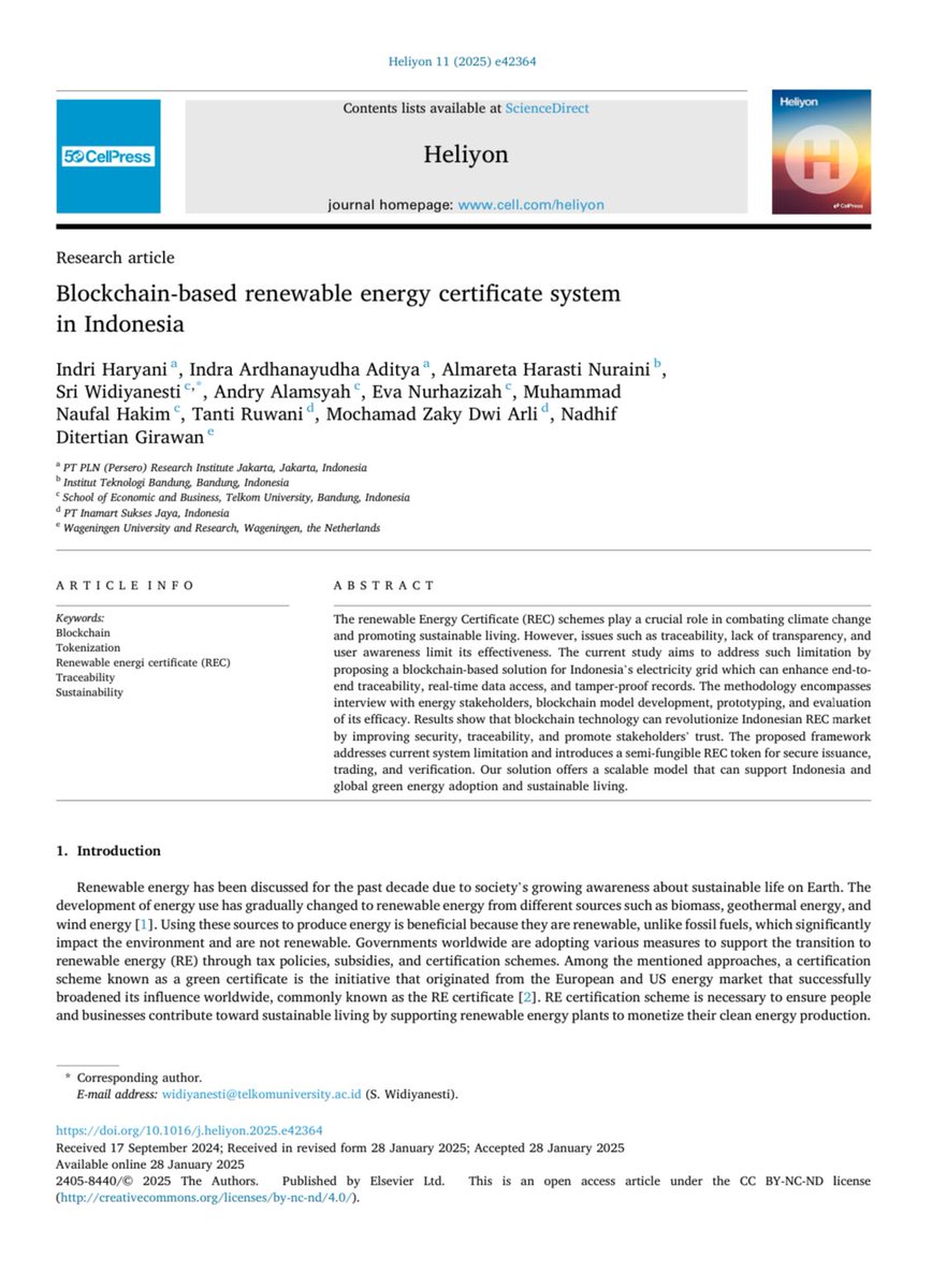 riset kolaborasi #PLN dan #telkomuniversity
blockchain based renewable energy certificate

link : sciencedirect.com/science/articl…

enjoy the research