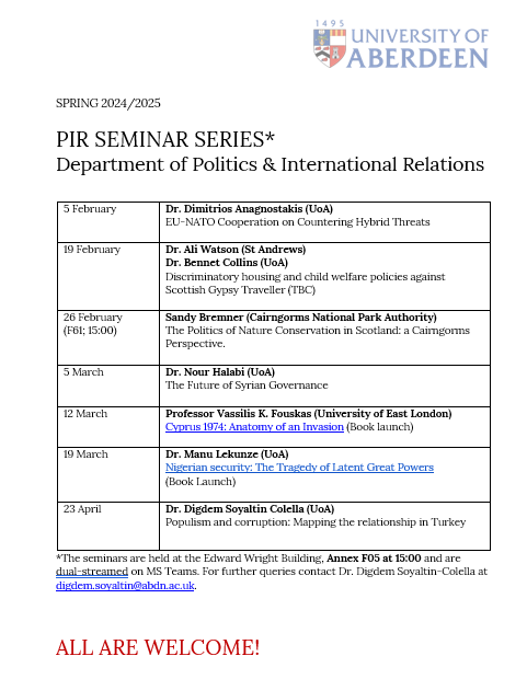 Digdem Soyaltin-Colella (@digdemsoyaltin) on Twitter photo I am happy to organize our department seminar series <a href="/ABDNPolIR/">University of Aberdeen, Politics and IR</a> bringing together diverse issues of contemporary politics and IR. Join us if you are around the campus or check our web page for online attendance options 👇abdn.ac.uk/socsci/discipl… I am happy to organize our department seminar series <a href="/ABDNPolIR/">University of Aberdeen, Politics and IR</a> bringing together diverse issues of contemporary politics and IR. Join us if you are around the campus or check our web page for online attendance options 👇abdn.ac.uk/socsci/discipl…